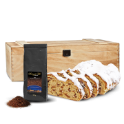 500g Dresdner Stollen® in premium wooden box with 100g stollen tea